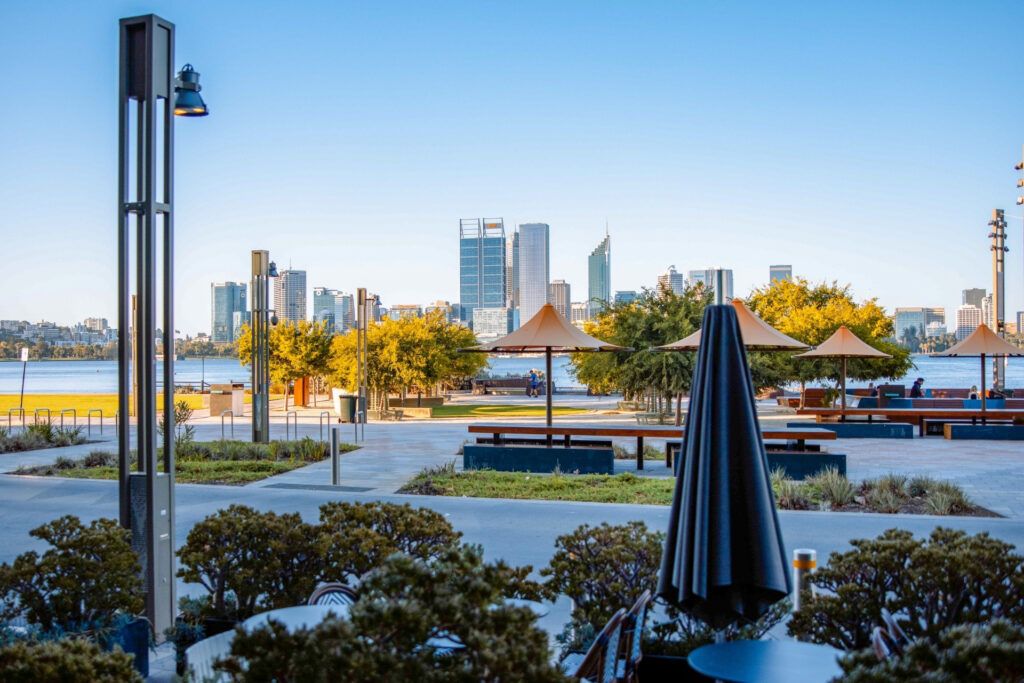 Miss Chow's South Perth foreshore restaurant with a view of the Perth city skyline