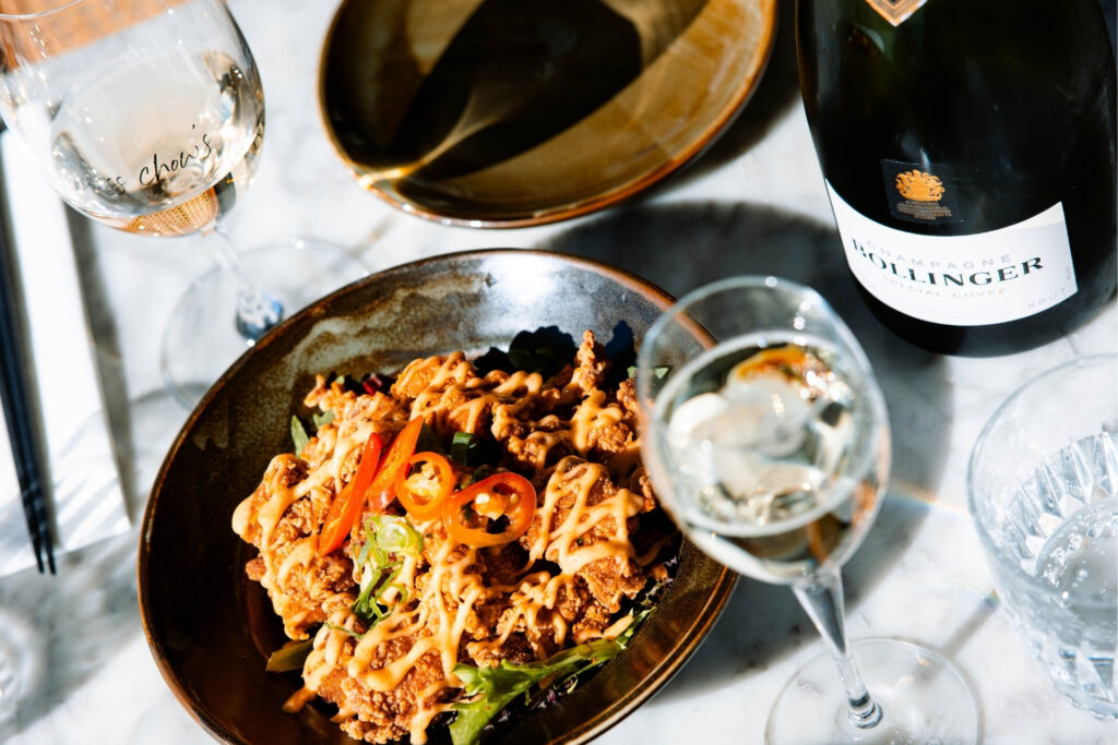 Miss Chow's Gluten Free Spicy Fried Chicken with Champagne Bollinger